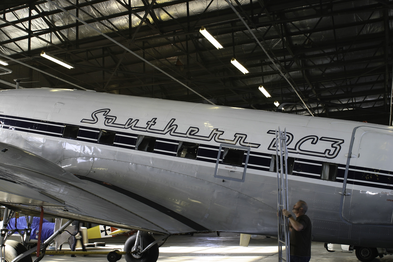 Southern DC3 ZK-AMY livery application, in the Hangar at Wigram