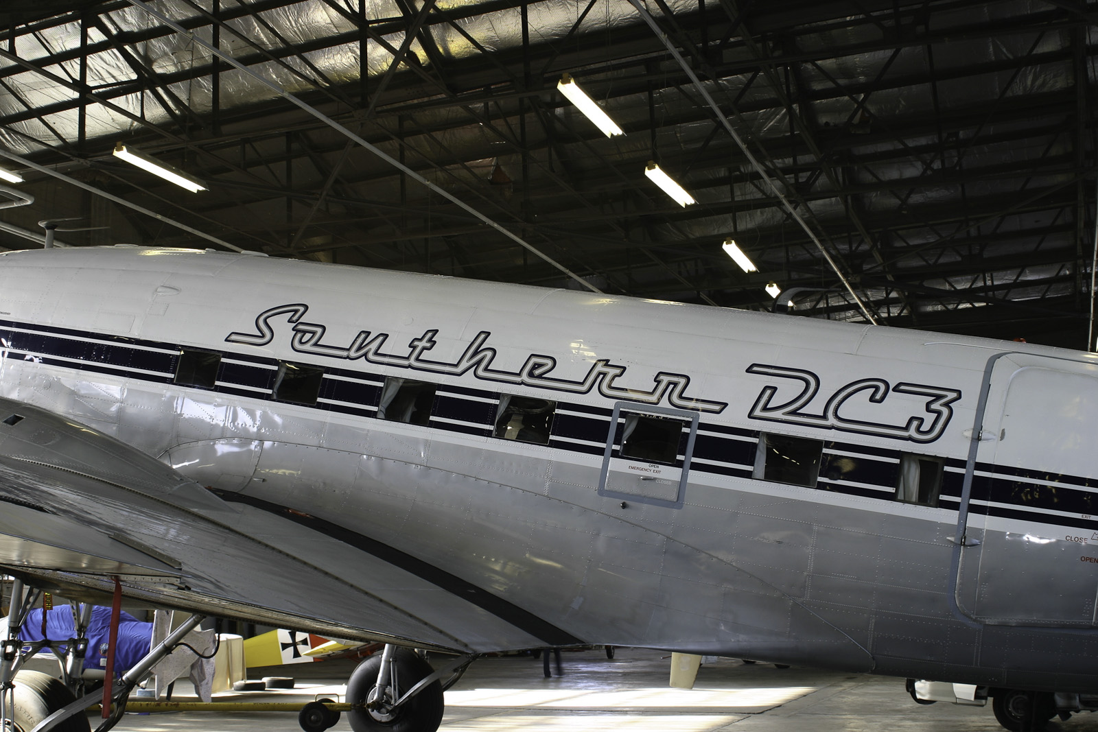 Southern DC3 ZK-AMY livery application, in the Hangar at Wigram