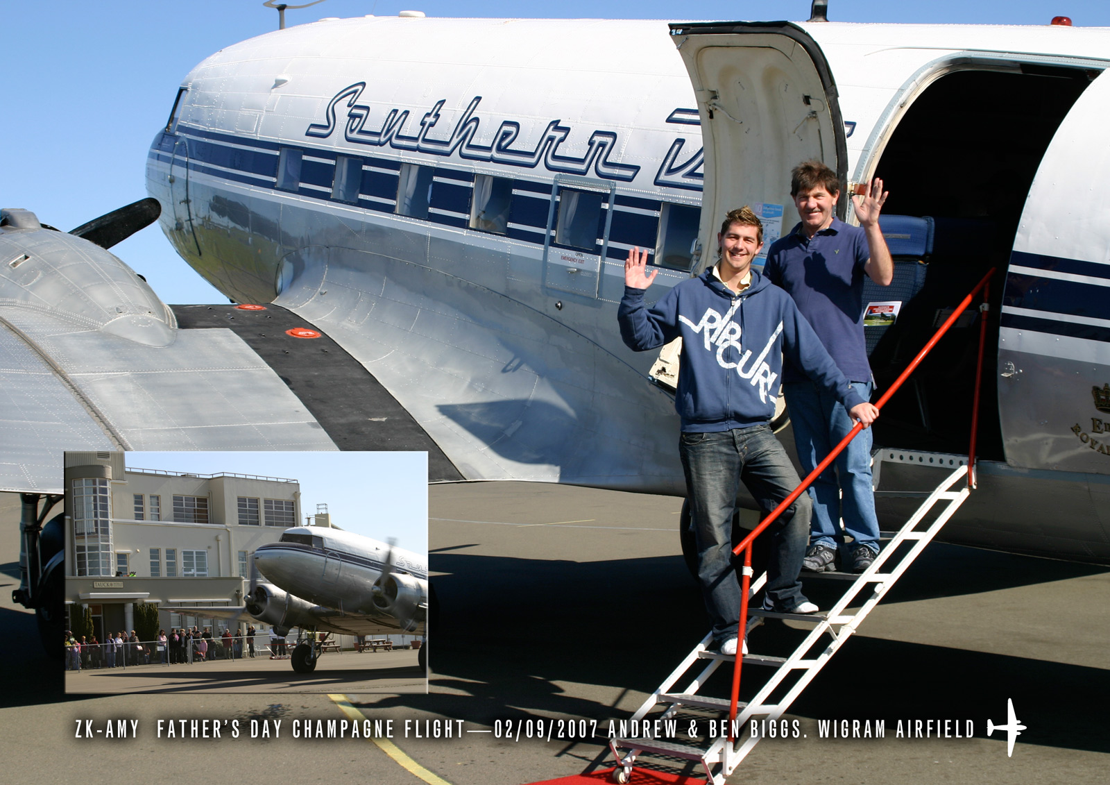 Southern DC3 Father’s Day Champagne flight Biggs family group photo, 02/09/2007 at Wigram Airfield