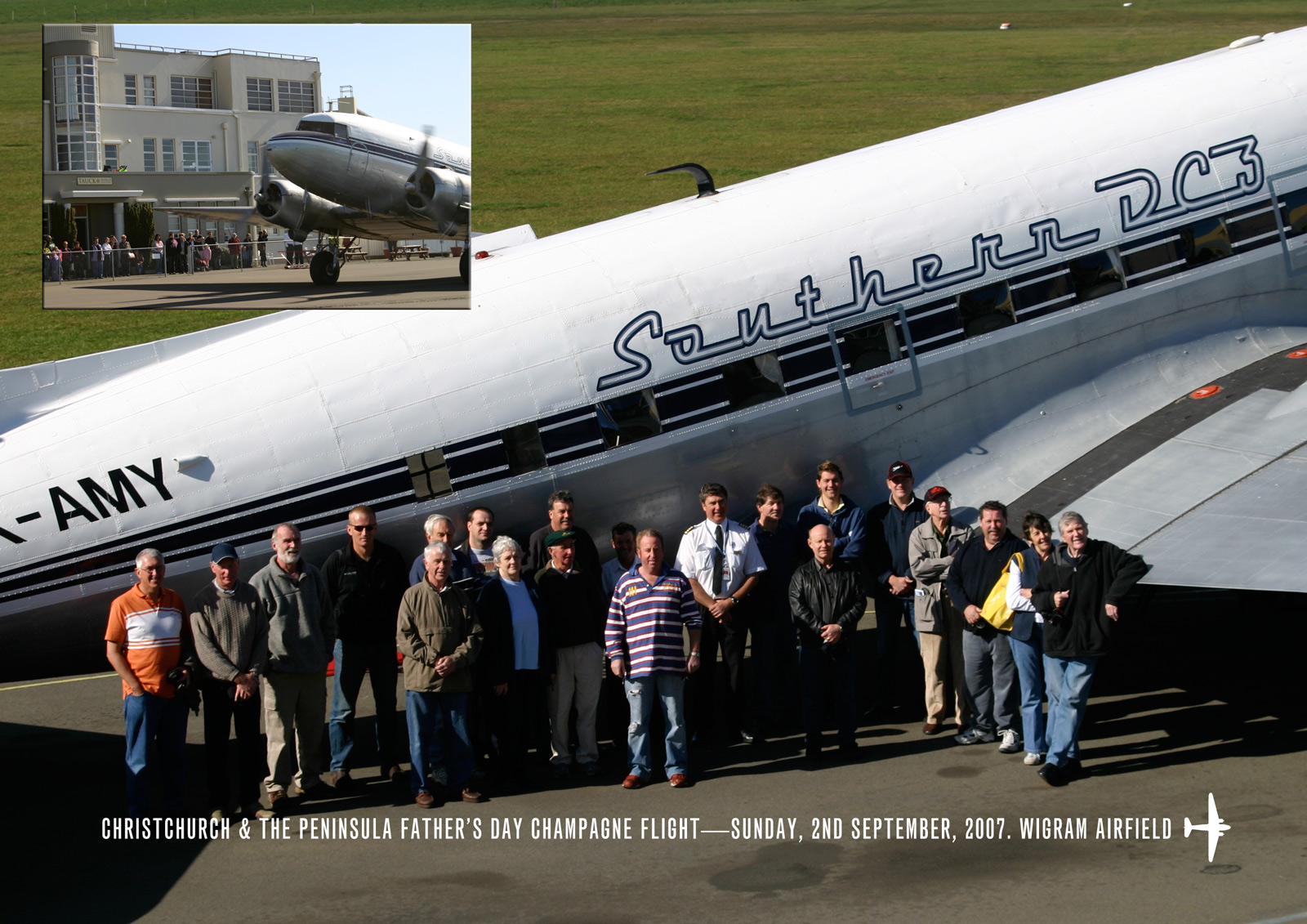 Group photo. Southern DC3 Christchurch & the Peninsula Father’s Day Champagne Flight.