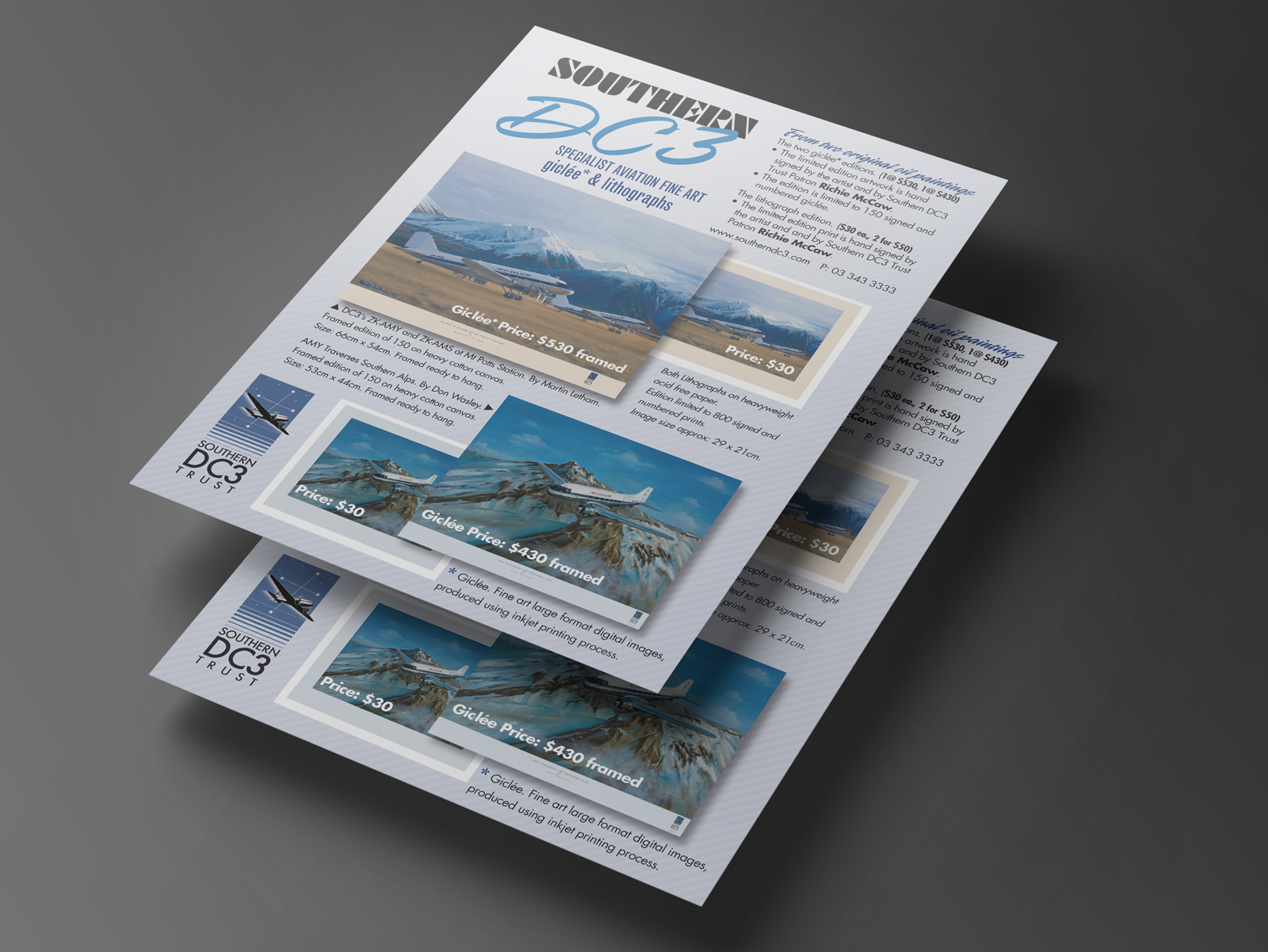 Southern DC3 specialist aviation fine art giclée and lithographs A4 sell sheet.