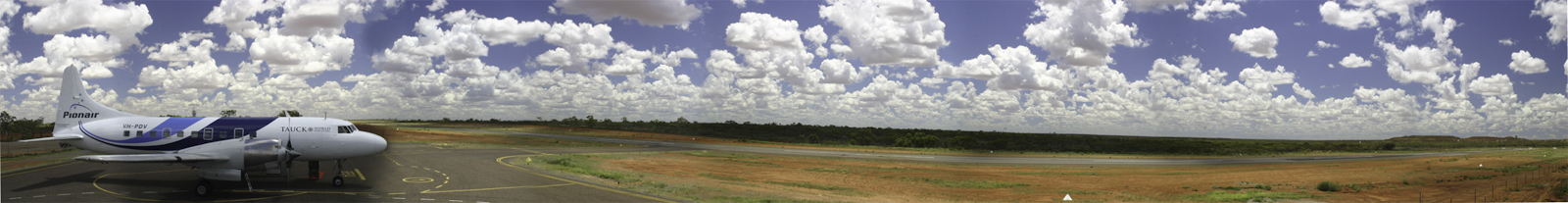 Panorama of Pionair Australia Convair VH-PDV at the Osborne mine airfield, Osborne, QLD Australia.