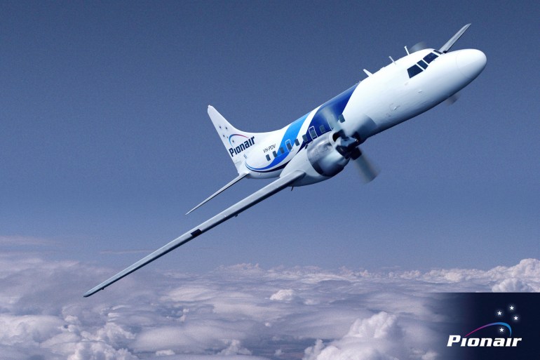 Composite air-to-air image of Pionair Australia’s Convair VH-PDV sporting her new fluid livery.