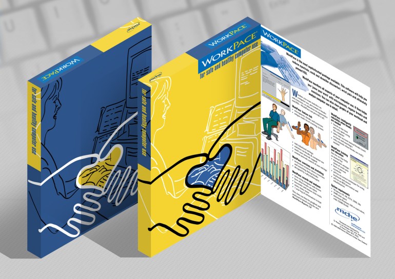 WorkPace Ergonomic resting software draft packaging concept 3D digital rendering.