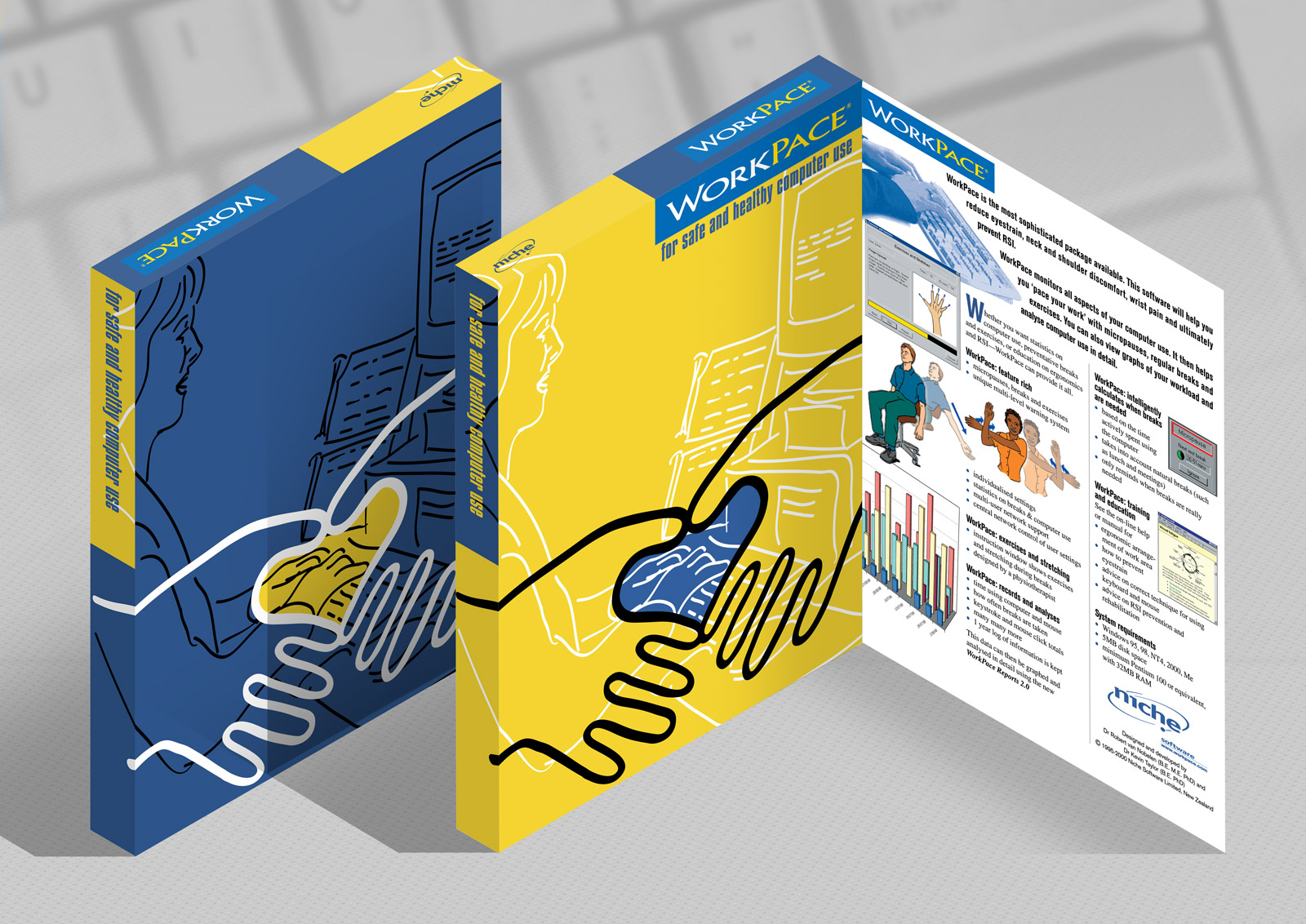 WorkPace Ergonomic resting software draft packaging concept 3D digital rendering.