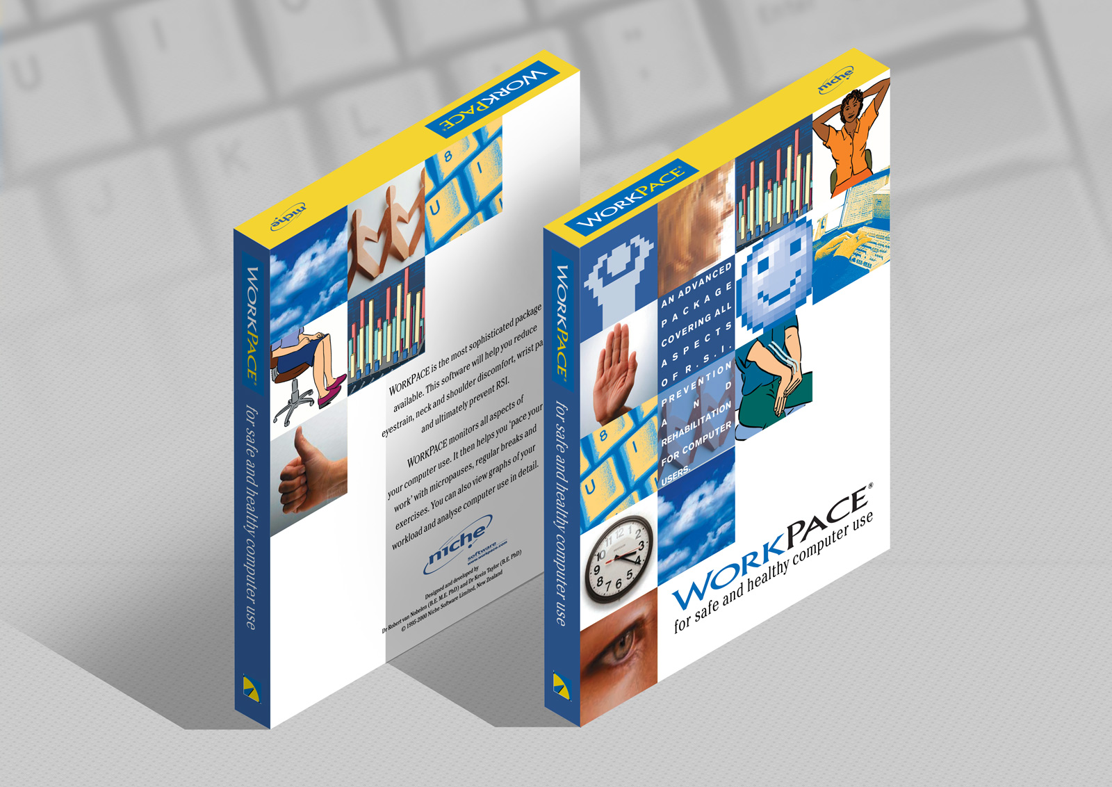 WorkPace Ergonomic resting software draft packaging concept 3D digital rendering.