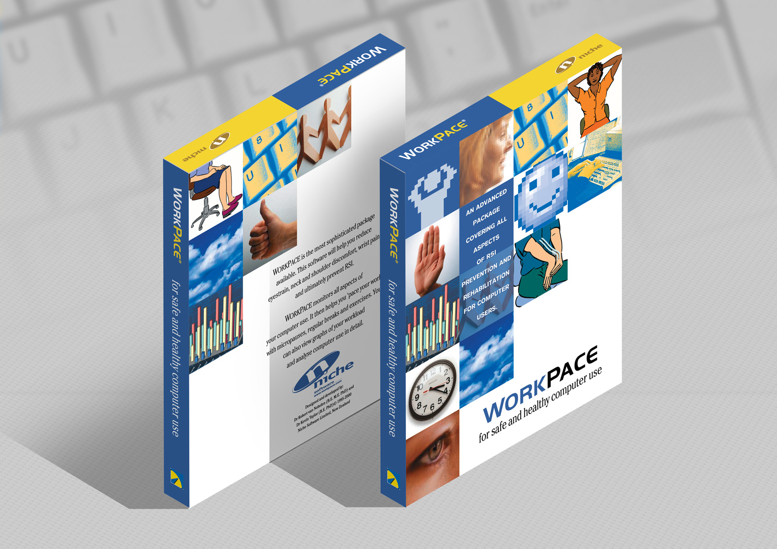 WorkPace Ergonomic resting software draft packaging concept 3D digital rendering.