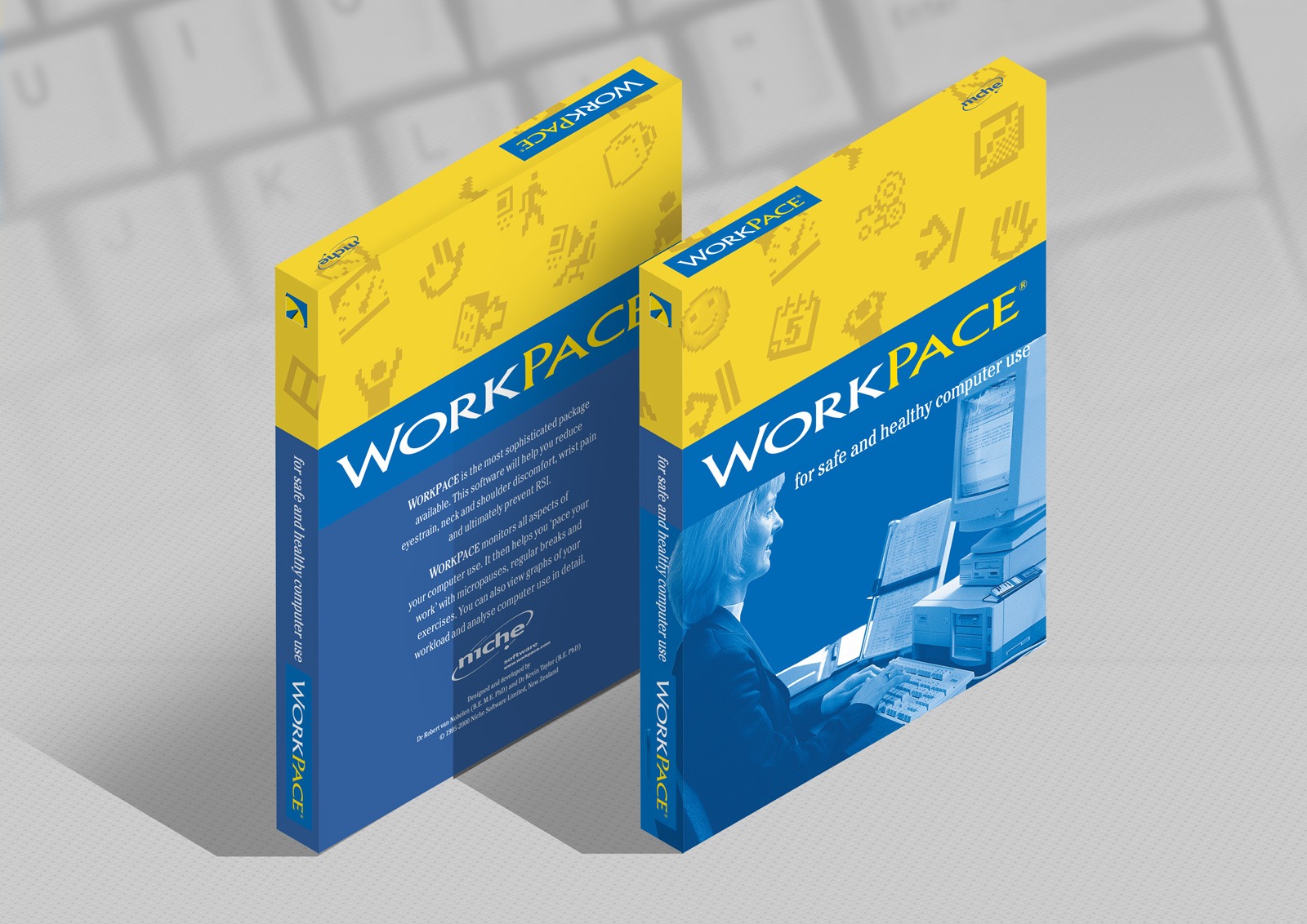 WorkPace Ergonomic resting software draft packaging concept 3D digital rendering.