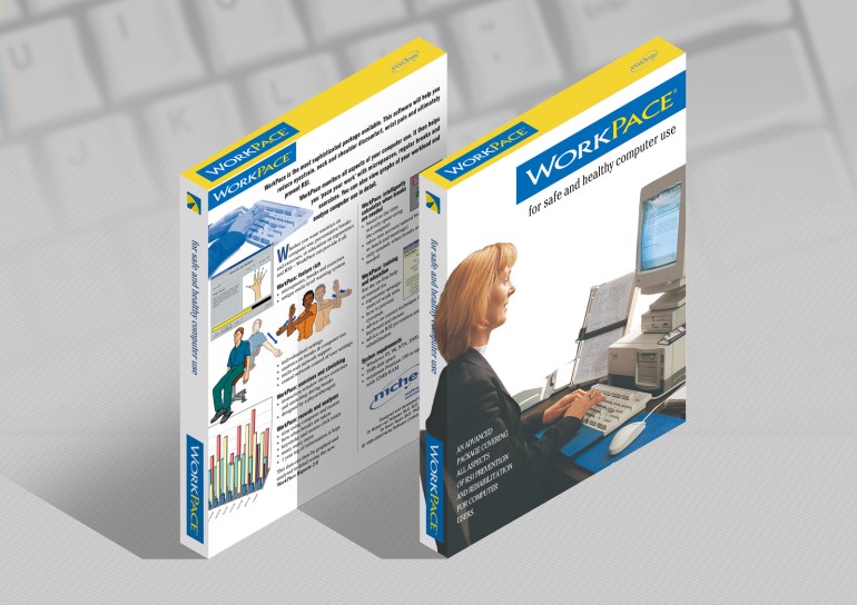 WorkPace Ergonomic resting software draft packaging concept 3D digital rendering.