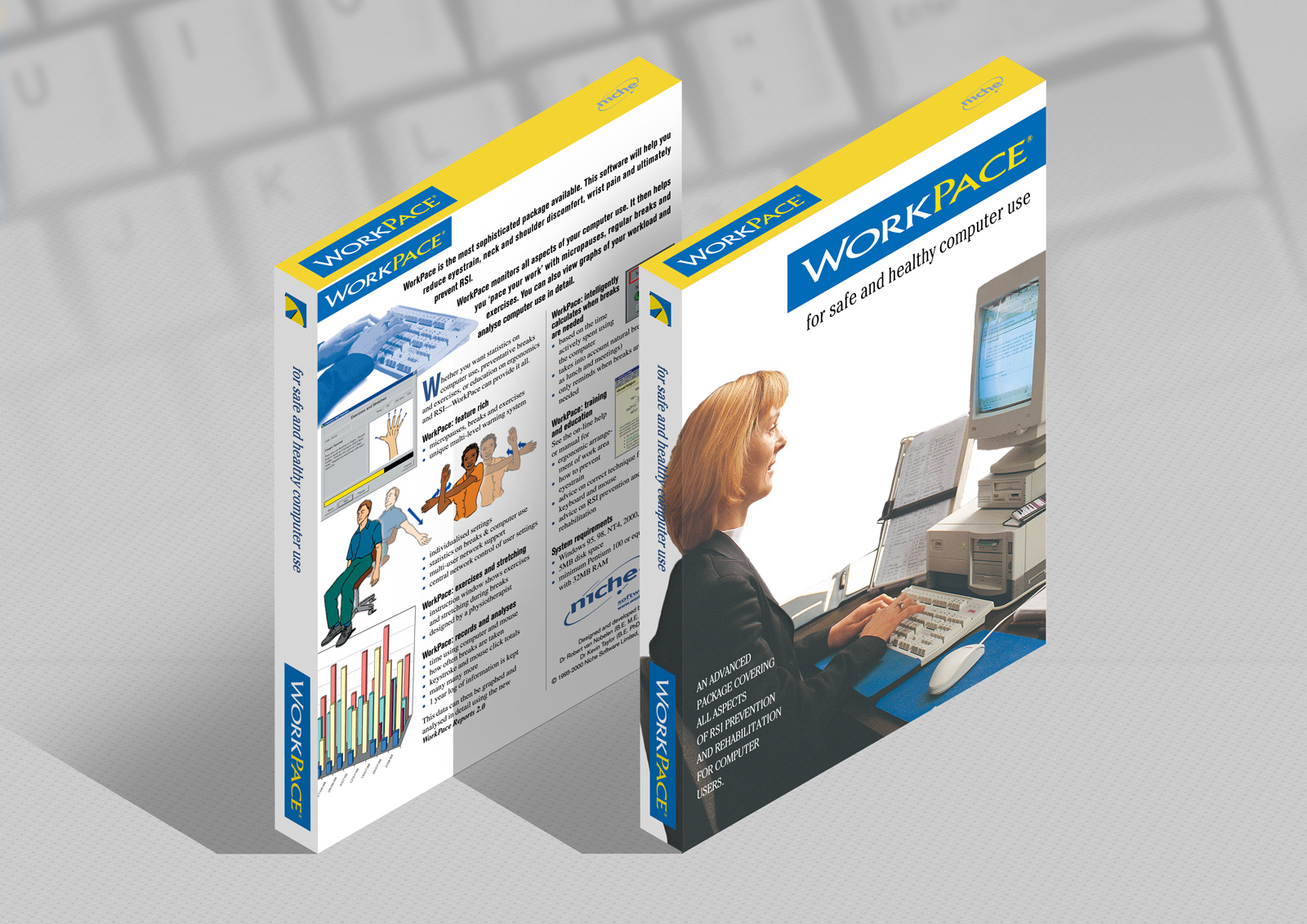 WorkPace Ergonomic resting software draft packaging concept 3D digital rendering.