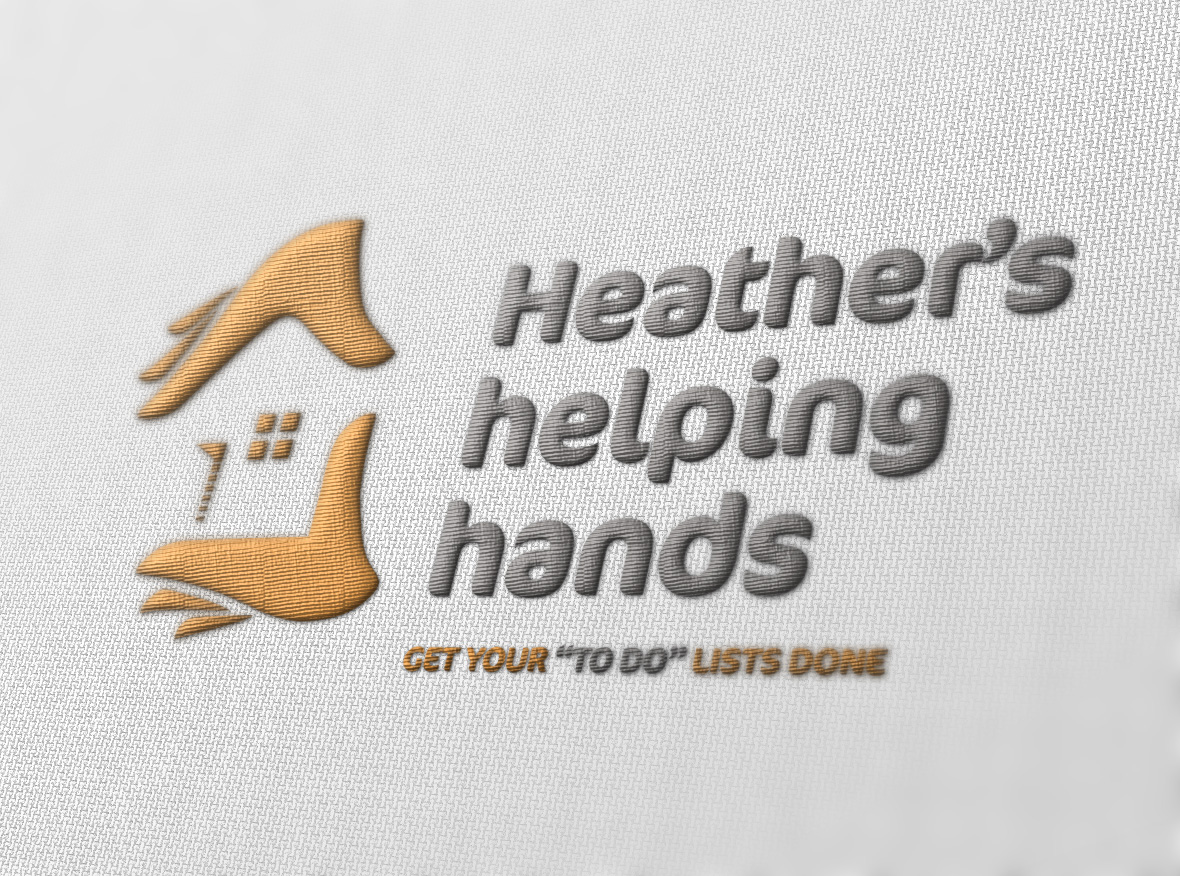 Proof of concept visual of Heather’s helping hands’ branding embroidered on white fabric.