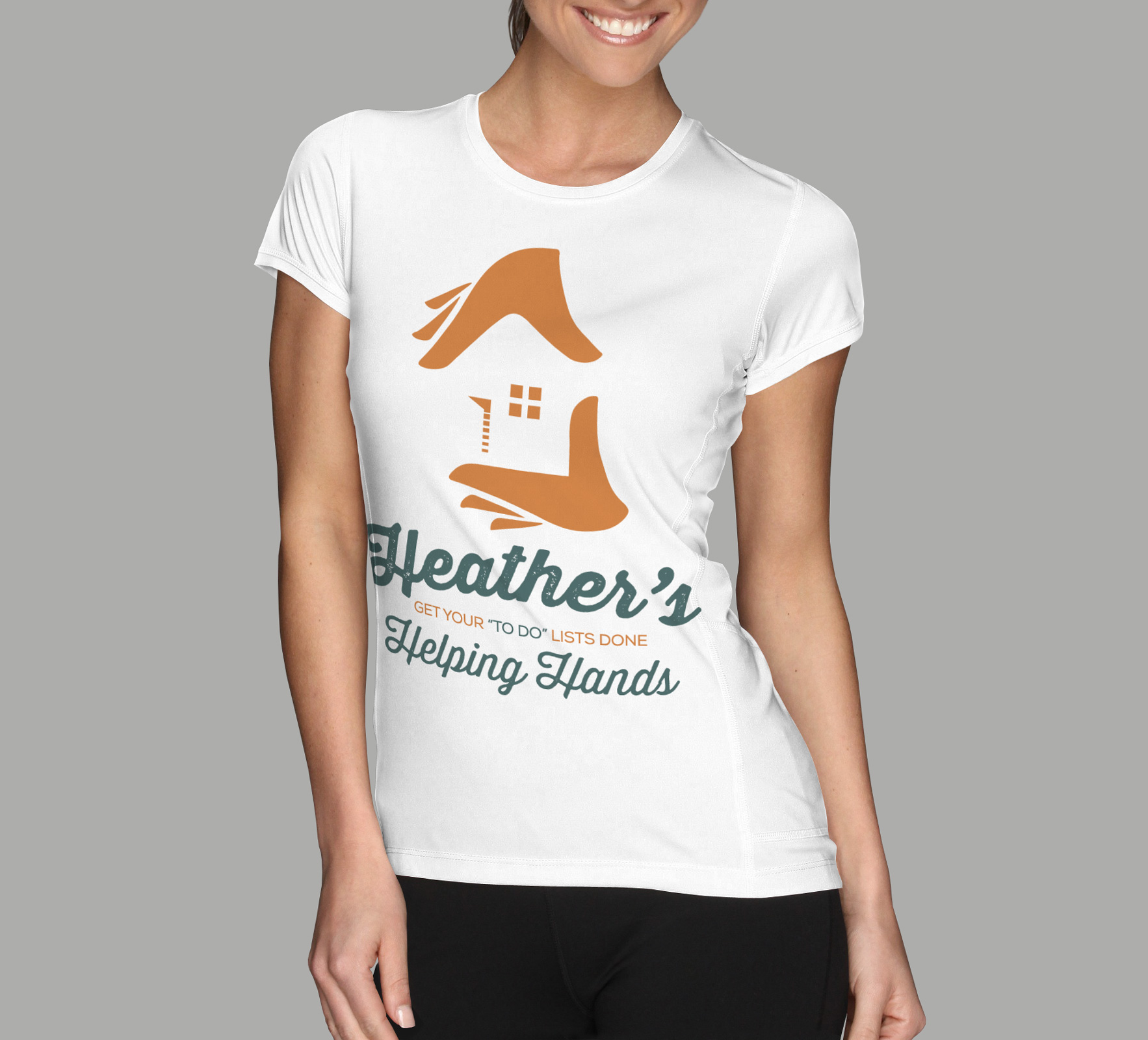 Proof of concept visual of Heather’s helping hands’ screen printed in two colours on white T-shirt.