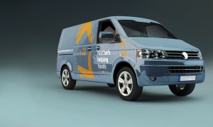 Proof of concept visual of Heather’s helping hands branding applied to her van, inexpensive placement of cut vinyl signage makes a generic van into a moving billboard.