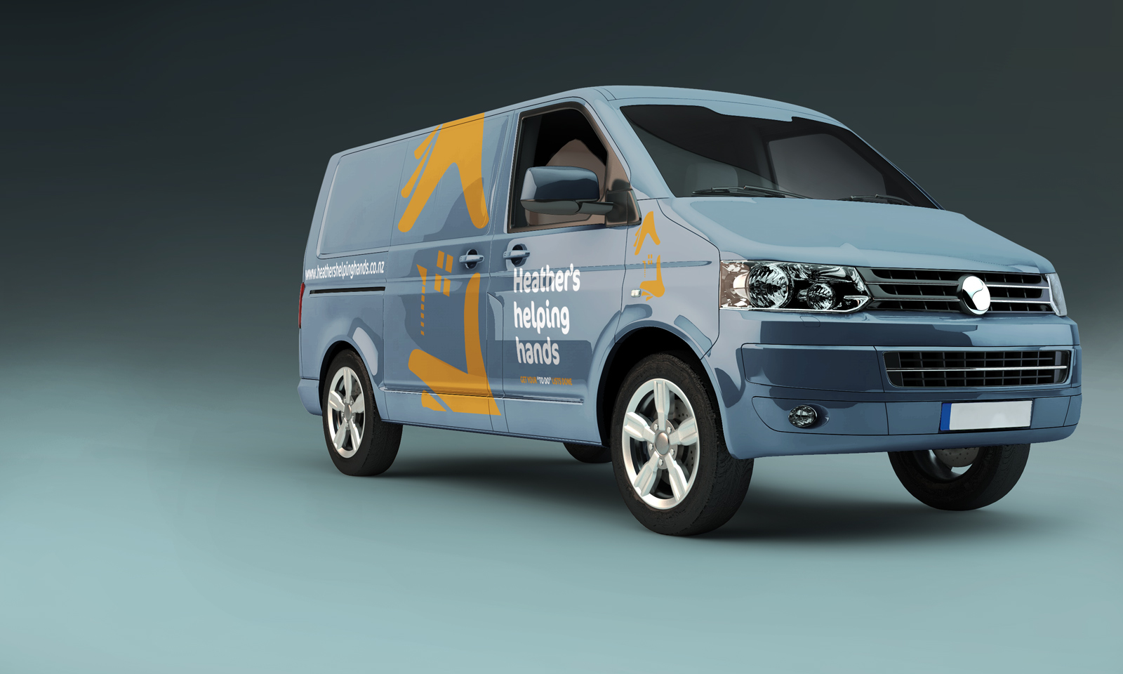 Proof of concept visual of Heather’s helping hands’ branding applied to her van, inexpensive placement of cut vinyl signage makes a generic van into a moving billboard.