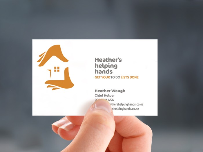 Heather’s helping hands’ business card, two colour, two-sided design.