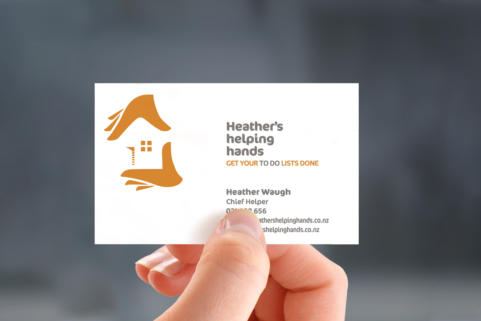 Heather’s helping hands’ business card, two colour, two-sided design.