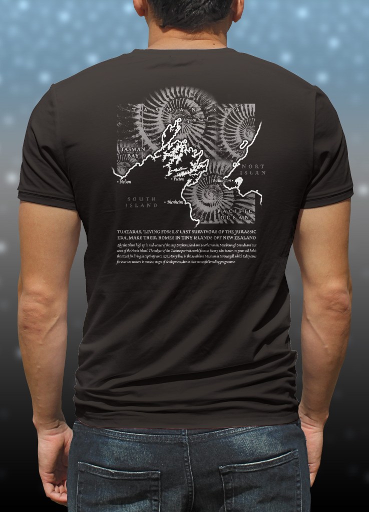 ‘Tuatara - Sphenodon Punctatus’ portrait T-shirt back “.iving fossil” map of Marlborough Sounds