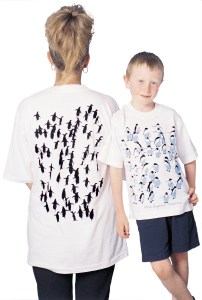 ‘Adelie Penguins, Antarctica’ adult’s and children’s two colour T-shirt print on white fabric.