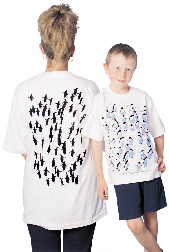 ‘Adelie Penguins, Antarctica’ adult’s and children’s two colour T-shirt print on white fabric.