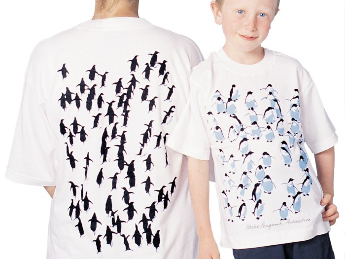 ‘Adelie Penguins, Antarctica’ adult’s and children’s two colour T-shirt print on white fabric.
