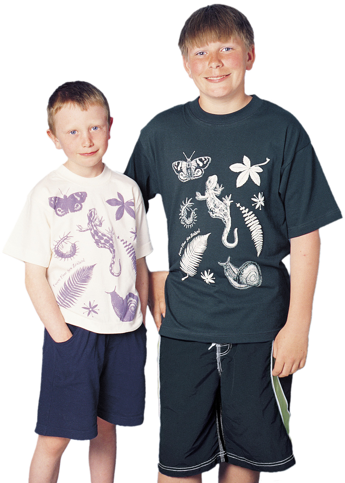 ‘Forest floor - New Zealand’ one colour children’s T-shirt print on unbleached cotton and dark green fabric.