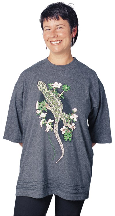 ‘Harlequin Gecko - New Zealand’ eight colour T-shirt print on charcoal marle fabric.