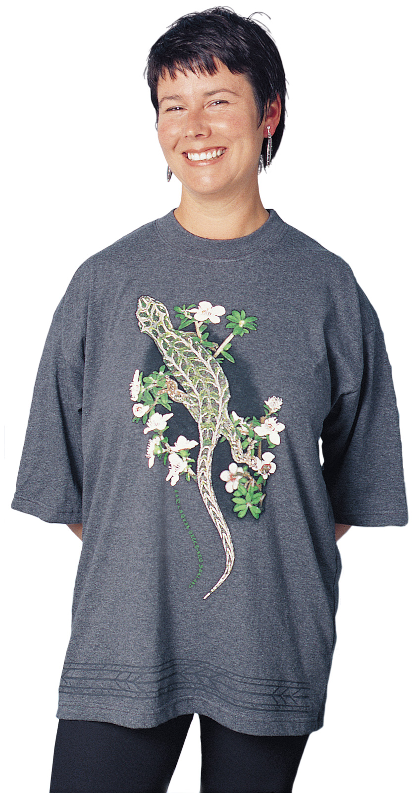 ‘Harlequin Gecko - New Zealand’ eight colour T-shirt print on charcoal marle fabric.
