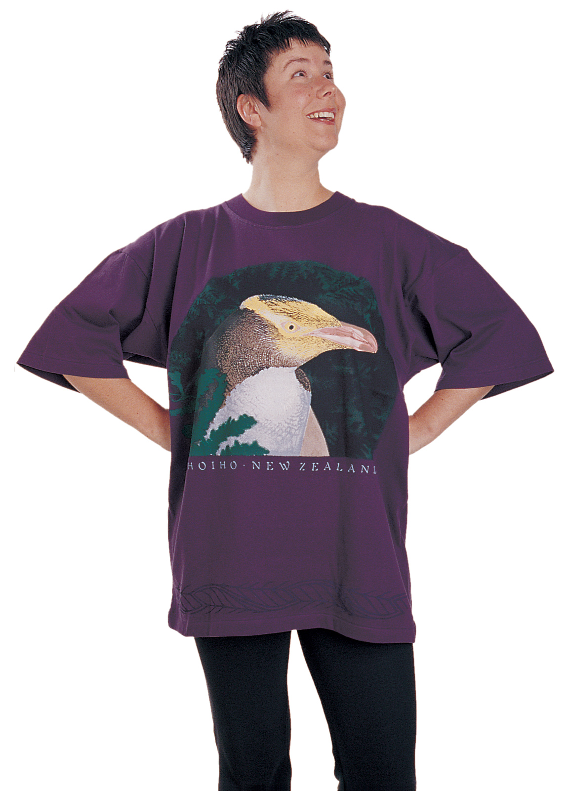 ‘Hoiho - New Zealand’ T-shirt, eight colour print on deep violet fabric.