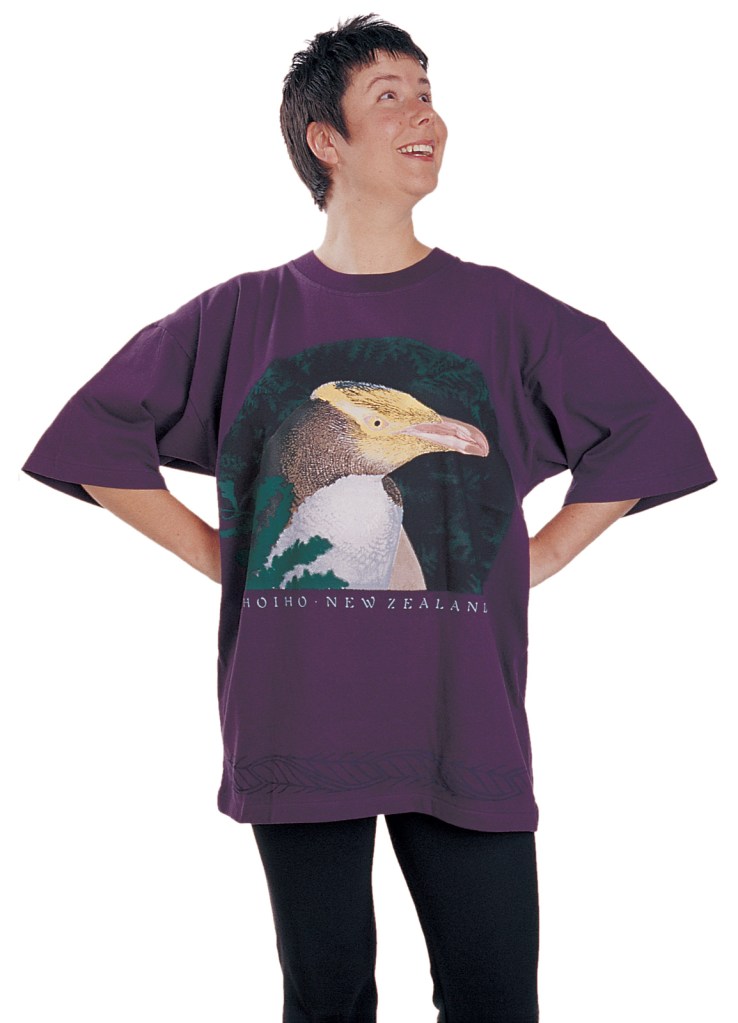 ‘Hoiho - New Zealand’ T-shirt, eight colour print on deep violet fabric.