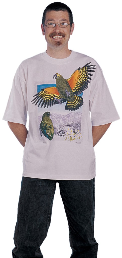 ‘Kea - New Zealand’ T-shirt, eight colour print on white fabric. Placement; eight colour front.