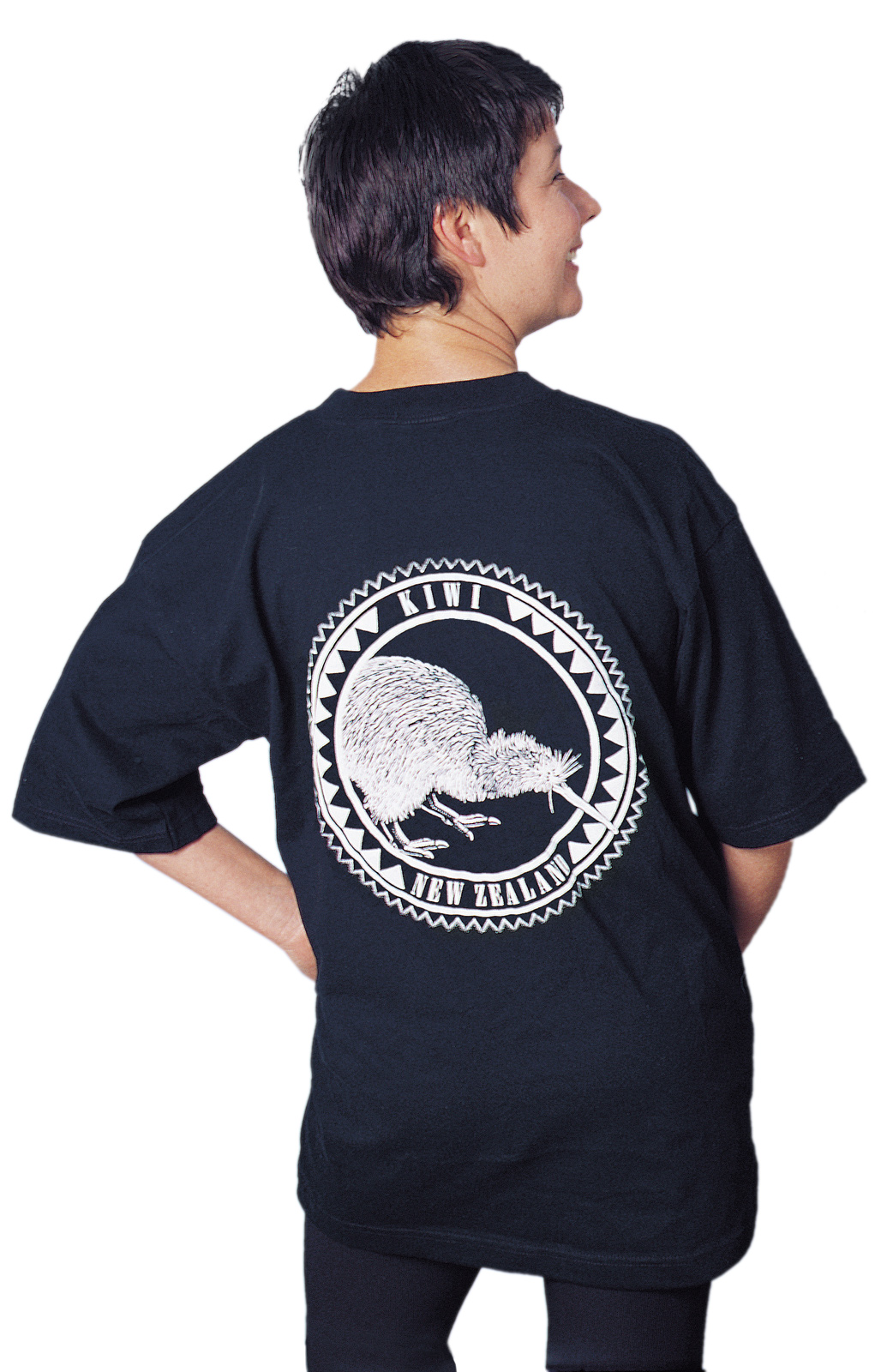 ‘Kiwi - New Zealand’ one colour T-shirt print on black fabric.