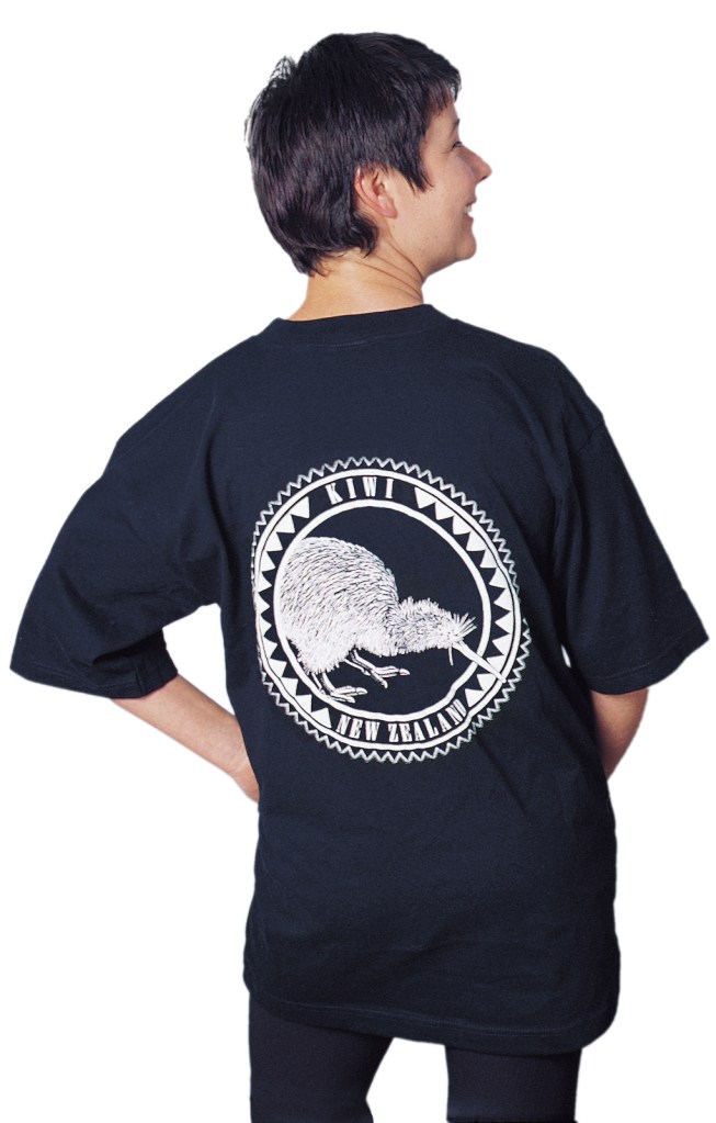 ‘Kiwi - New Zealand’ one colour T-shirt print on black fabric.