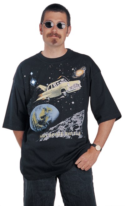 ‘Kiwi Space Shuttle’ T-shirt, six colour print on grey marle fabric.