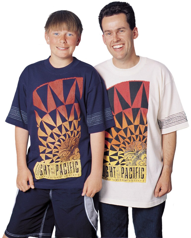 ‘Light of the Pacific - Nuclear-free New Zealand’ T-Shirt. Two colour print on navy and unbleached cotton fabric.