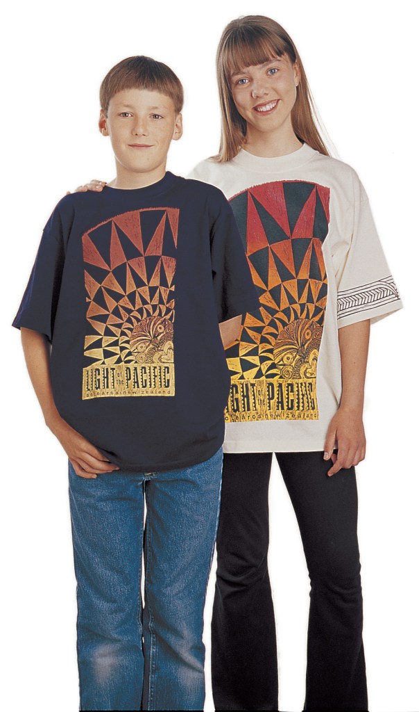 ‘Light of the Pacific - Nuclear-free New Zealand’ T-Shirt. Two colour print on navy and unbleached cotton fabric.