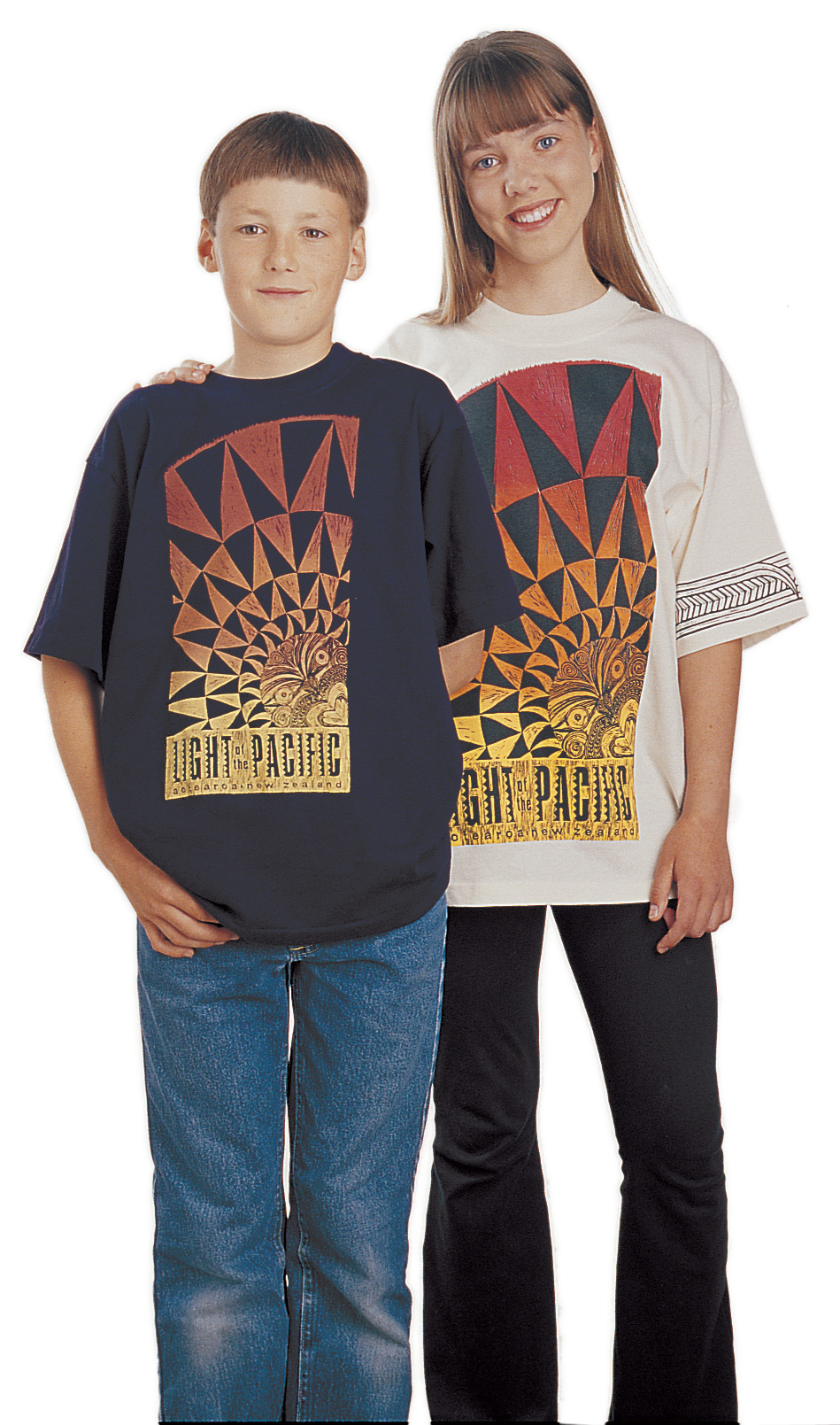 ‘Light of the Pacific - Nuclear-free New Zealand’ T-Shirt. Two colour print on navy and unbleached cotton fabric.