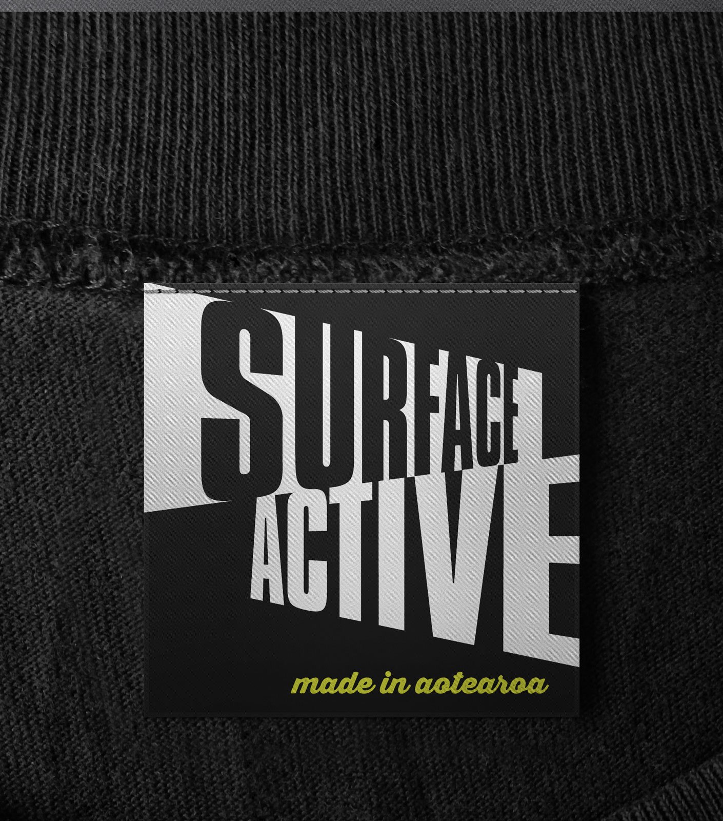 Surface Active made in Aotearoa, T-shirts main neck label.