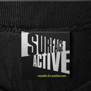 Surface Active made in Aotearoa, T-shirts main neck label.