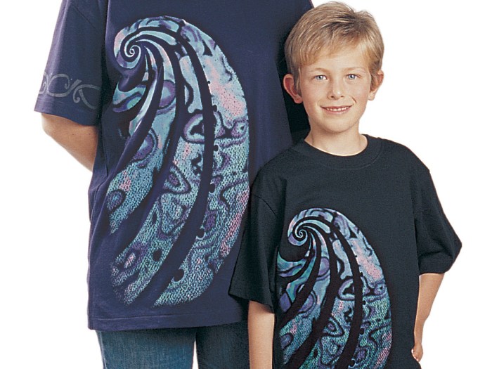 ‘Paua Aotearoa’, adults and kids T-shirt, four colour print on navy and black fabric.