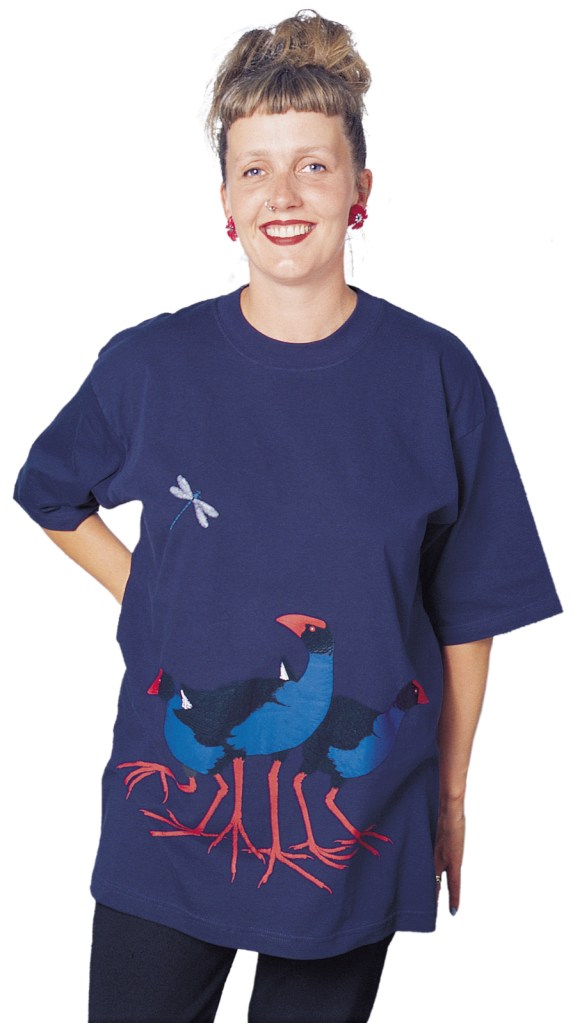 ‘Pukeko New Zealand’ four colour T-shirt print on navy blue fabric.