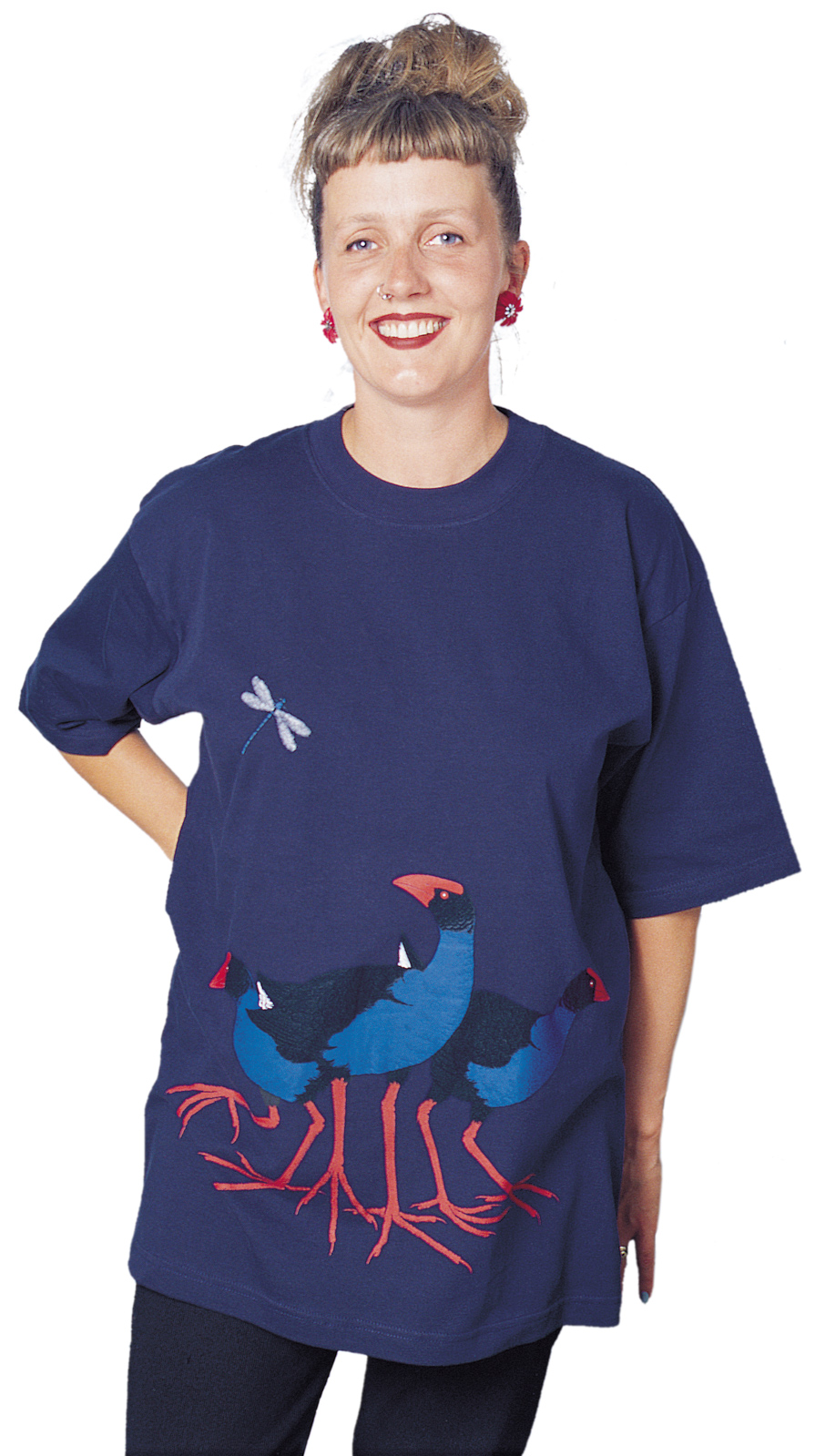 ‘Pukeko New Zealand’ four colour T-shirt print on navy blue fabric.