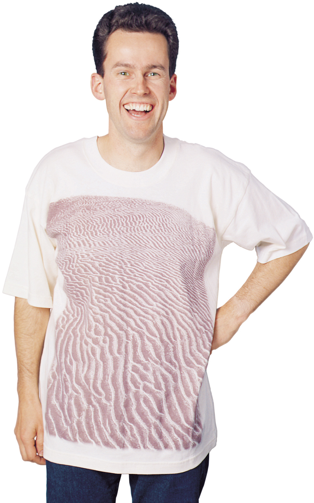 ‘Sandy shore’ one colour garment print on unbleached cotton fabric.