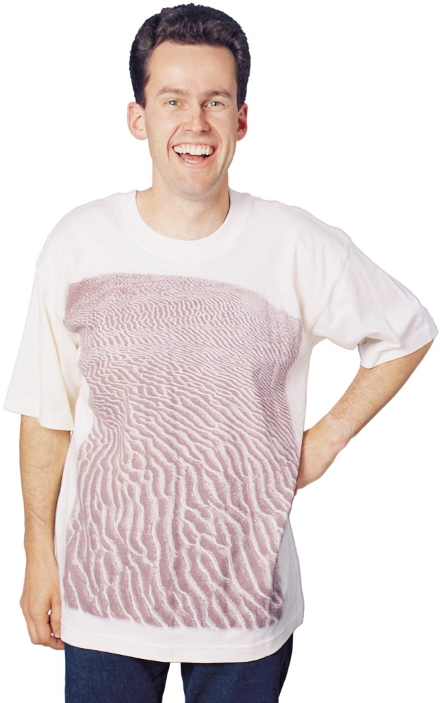 ‘Sandy shore’ one colour garment print on unbleached cotton fabric.