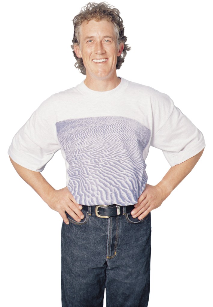 ‘Sandy shore’ one colour garment print on grey marle fabric.