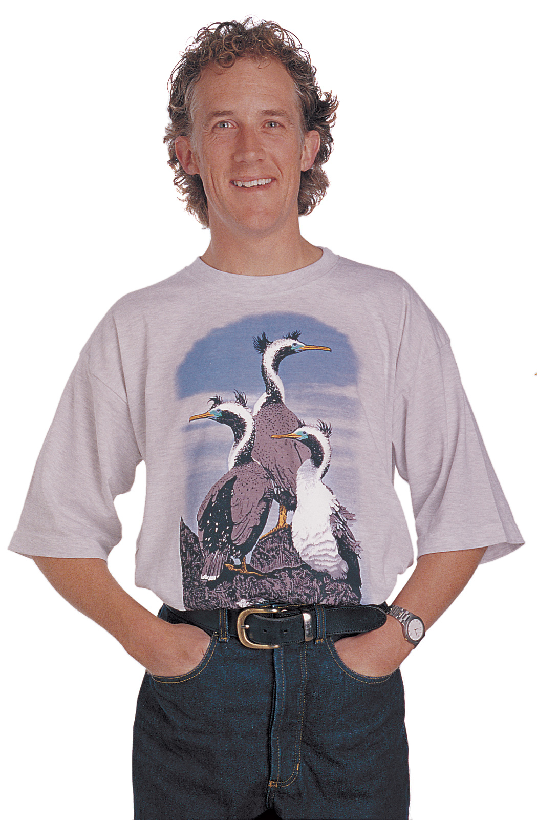 ‘Spotted Shags - New Zealand’ T-shirt, seven colour print on grey marle fabric