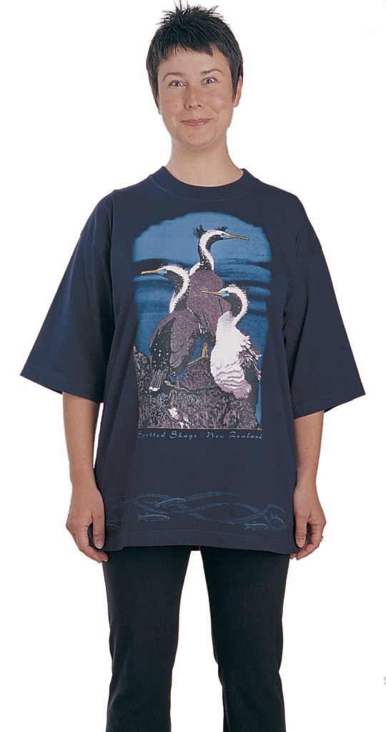 ‘Spotted Shags - New Zealand’ T-shirt, seven colour print on navy blue fabric.