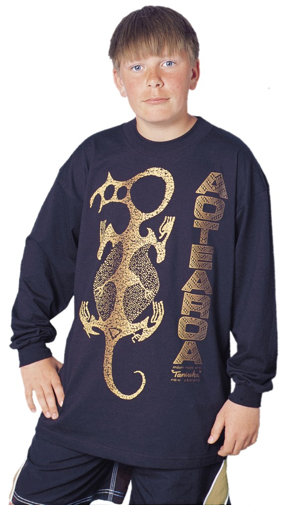 ‘Taniwha Aotearoa - Maori rock art New Zealand. One colour long sleeve T-shirt print on black fabric.