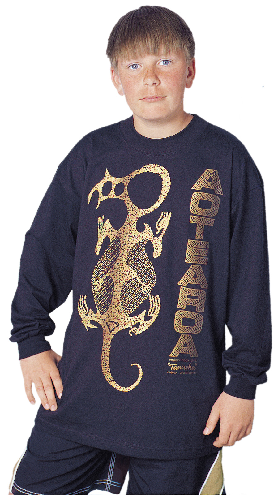 ‘Taniwha Aotearoa - Maori rock art New Zealand. One colour long sleeve T-shirt print on black fabric.