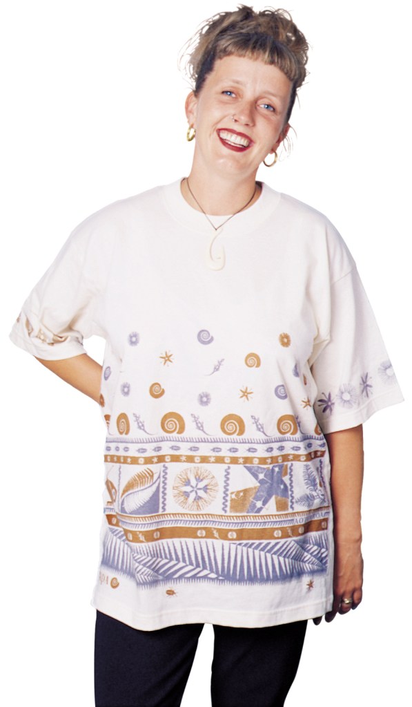 ‘Tapa NZ’ two colour T-shirt on unbleached cotton fabric.