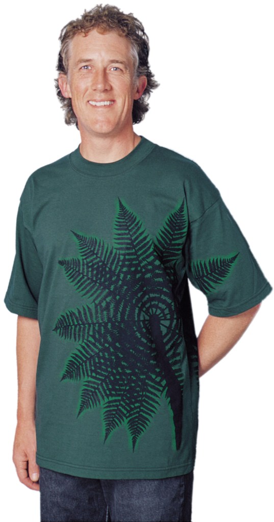 ‘Treefern New Zealand’ T-shirt, two colour print on dark green fabric.